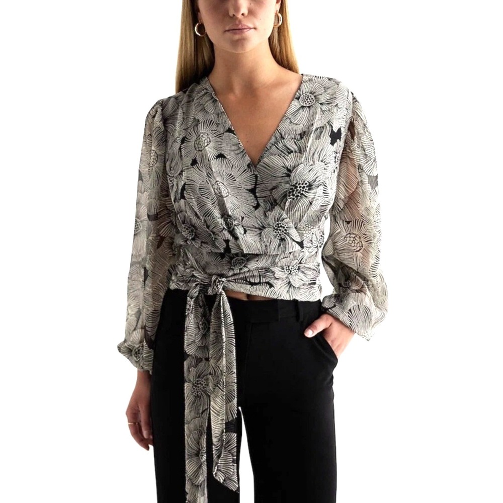 New Express Floral V Neck Faux Wrap Sz L Tie Waist Black Print Top Blouse 1450N5
